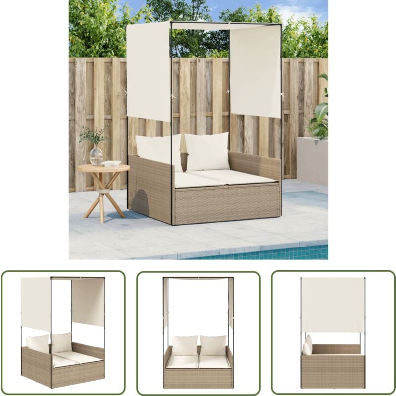 The Living Store - Chaise longue double avec toit et rideaux beige résine tressée - Chaises Longues Doubles - Transats - Lit De Bronzage - Mobilier