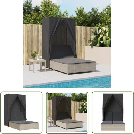 The Living Store Chaise longue double avec toit et rideaux gris clair poly rotin - Chaises Longues Doubles - Transats - Lit De Bronzage - Mobilier De Jardin - Chaises Extérieures