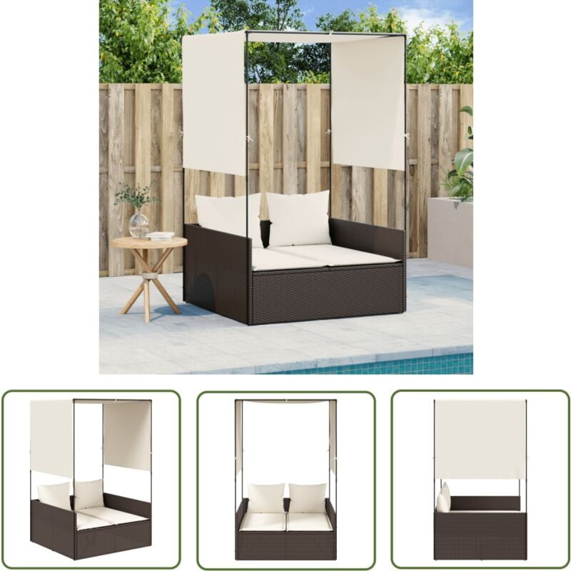 The Living Store - Chaise longue double avec toit et rideaux marron résine tressée - Chaises Longues Doubles - Transats - Bain De Soleil - Mobilier