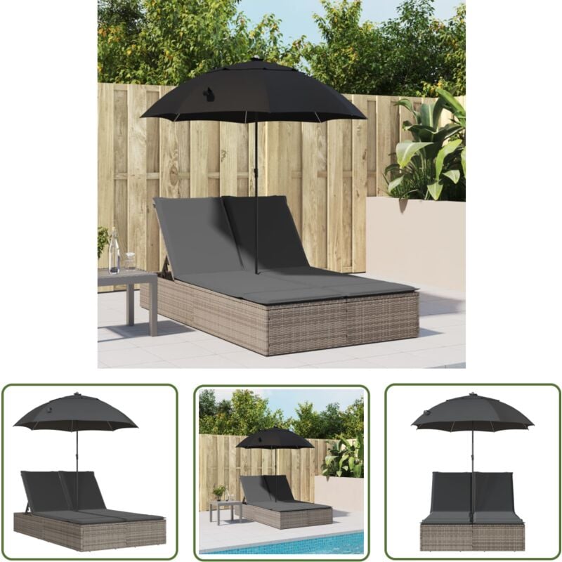 The Living Store - Chaise longue double et coussins et parasol gris résine tressée - Chaises Longues Doubles - Transats - Lit De Bronzage - Mobilier
