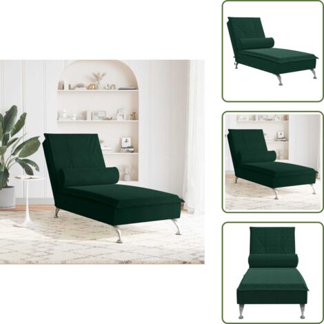 The Living Store Chaise Longue Massaggi con Capezzale Verde Scuro in Velluto - Cuscino a rullo