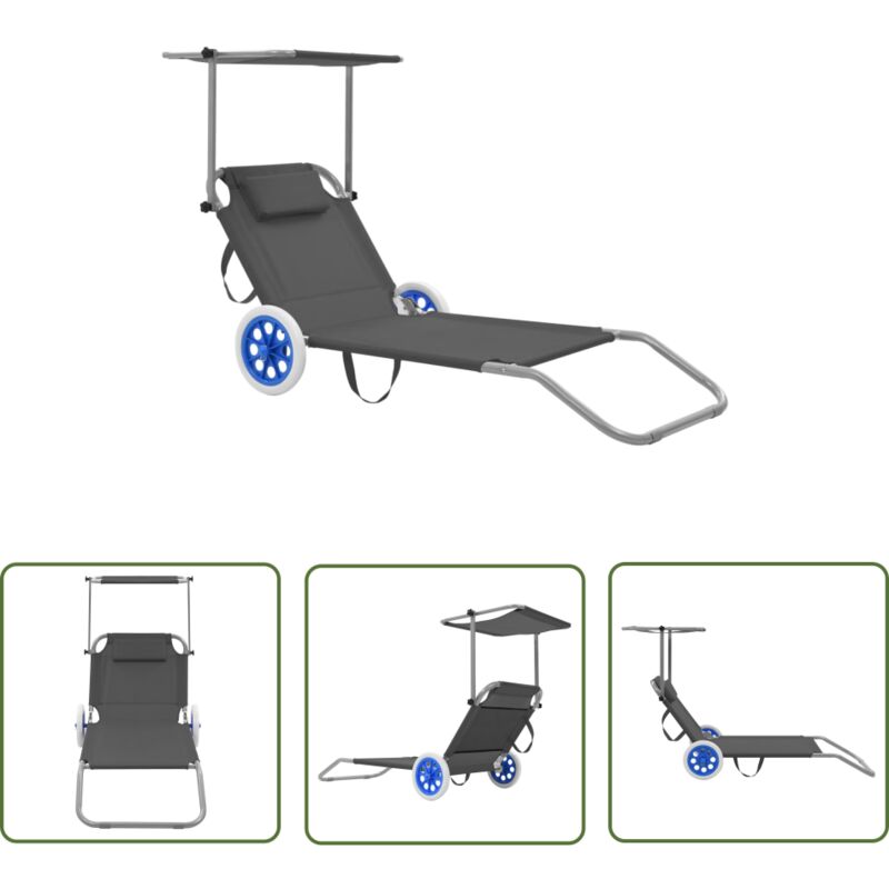 The Living Store Chaise longue pliable avec auvent et roues Acier Gris - Chaise Longue Pliable - Transat - Mobilier De Jardin - Chaise Lounge