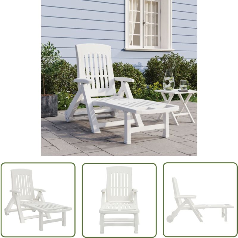 The Living Store - Chaise longue pliable avec roues blanc pp - Chaise Longue - Transats - Fauteuil De Jardin - Mobilier De Jardin - Relax