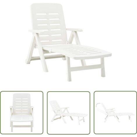 The Living Store Chaise longue pliable Plastique Blanc - Chaise Longue - Transat - Lit De Bronzage - Mobilier De Jardin - Chaises Longues Pliables