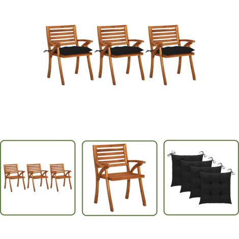 The Living Store Chaises à manger de jardin avec coussins lot de 3 Acacia massif - Chaise De Jardin - Fauteuil De Jardin - Mobilier De Jardin - Acacia Massif - Chaise En Bois