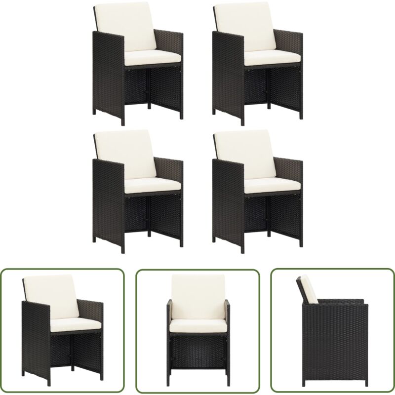 The Living Store Chaises à manger de jardin et coussins lot de 4 noir poly rotin - Chaise De Jardin - Fauteuil De Jardin - Meubles De Jardin - Salon