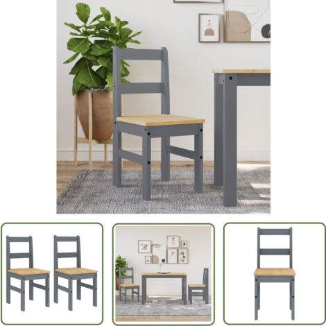 The Living Store Chaises à manger lot de 2 Panama gris bois massif de pin - Chaise À Manger - Chaise De Cuisine - Chaise En Bois - Chaise Grise - Mobilier De Salle À Manger