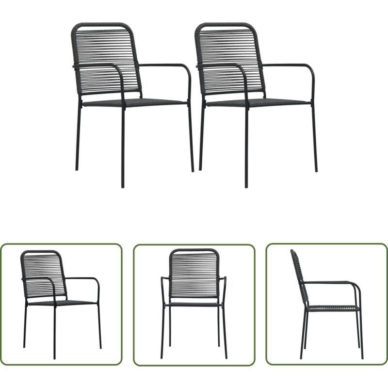 The Living Store - Chaises de jardin lot de 2 Corde en coton et acier Noir - Chaise De Jardin - Chaise D'extérieur - Mobilier De Jardin - Fauteuil De