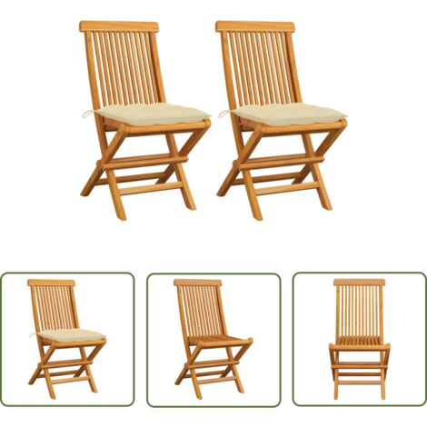 The Living Store Chaises de jardin lot de 2 et coussins blanc crème Teck massif - Chaise De Jardin Pliable - Chaise De Jardin En Bois - Chaise De Jardin Teck - Mobilier De Jardin - Meubles De Jardin