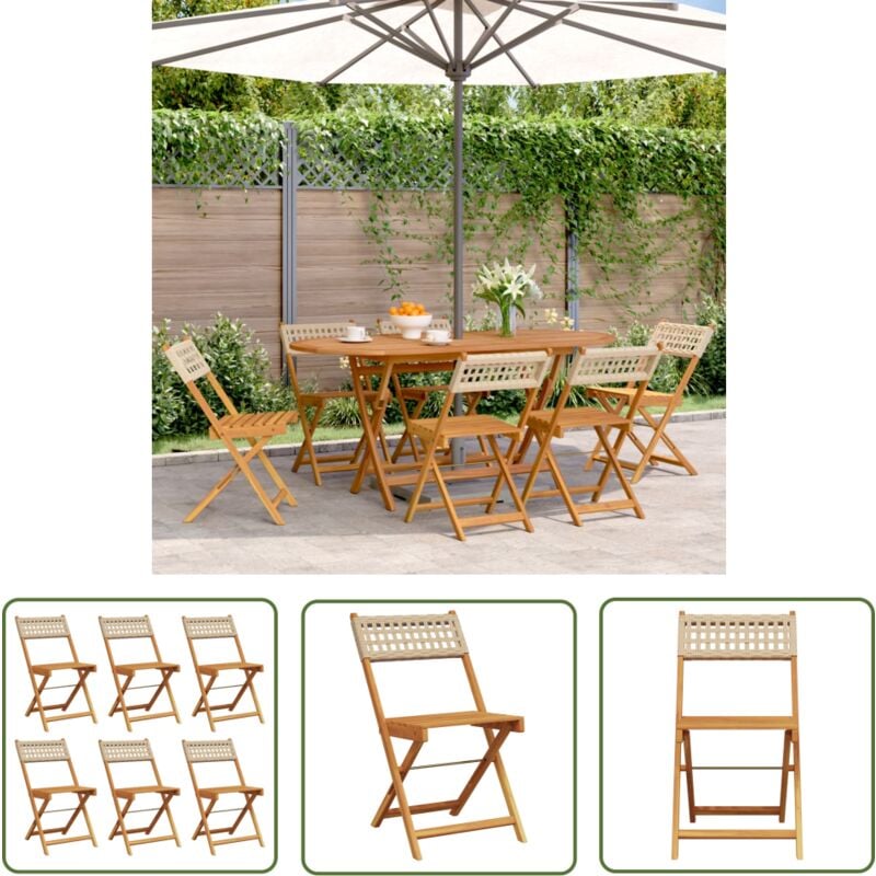 The Living Store - Chaises de jardin pliantes lot de 6 beige rotin et bois massif - Chaise De Jardin - Chaise Pliante - Mobilier De Jardin - Salon De