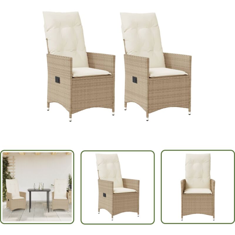 The Living Store - Chaises inclinables de jardin lot de 2 et coussins beige rotin - Chaise De Jardin - Fauteuil De Jardin - Chaise Inclinable