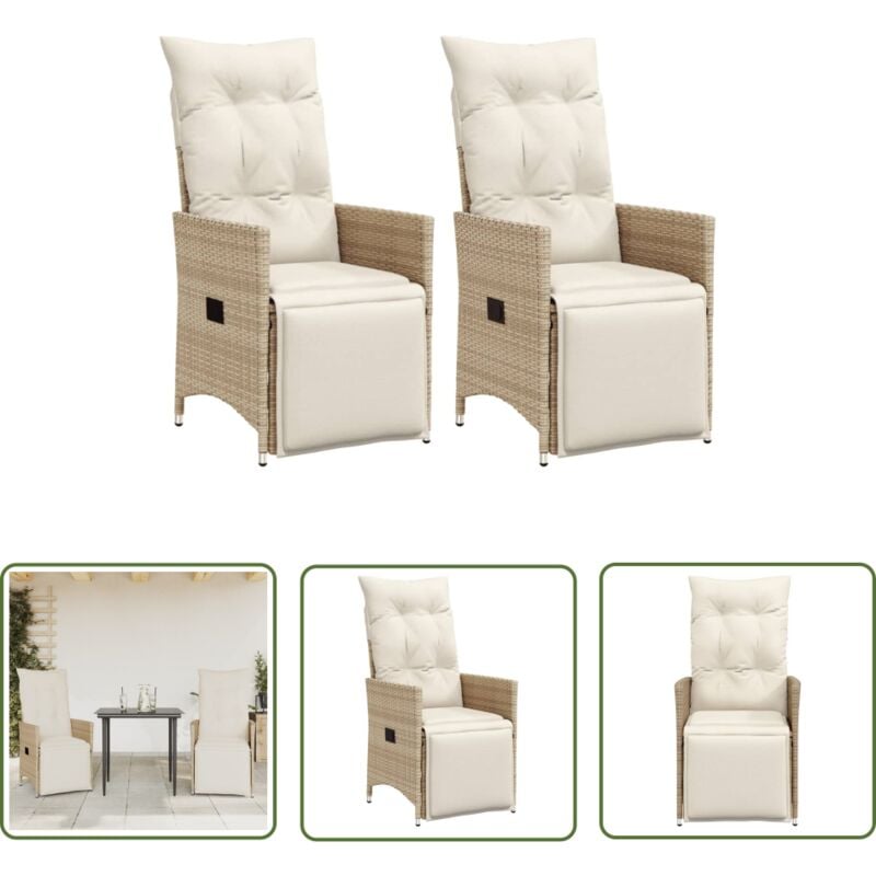 The Living Store - Chaises inclinables de jardin lot de 2 et coussins beige rotin - Chaise De Jardin Inclinable - Fauteuil De Jardin - Mobilier De