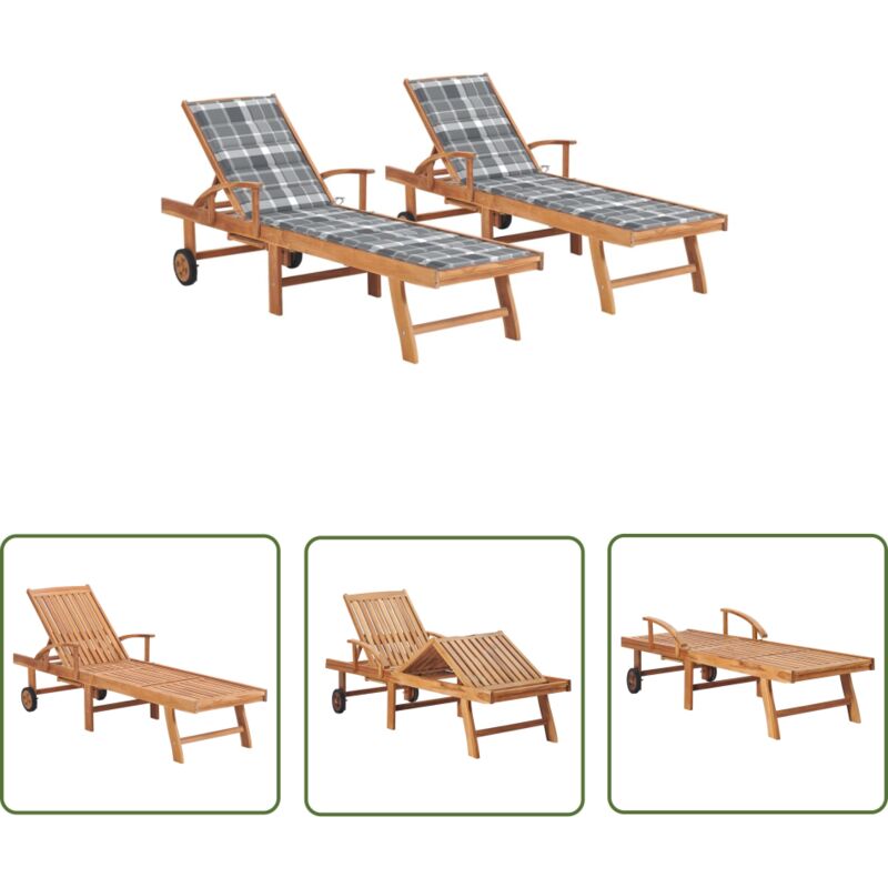 The Living Store - Chaises longues lot de 2 avec coussin carreaux gris Teck solide - Chaise Longue - Fauteuil De Jardin - Mobilier De Jardin - Bain