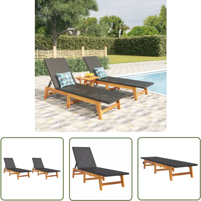 The Living Store - Chaises longues lot de 2 noir/marron résine tressée/bois acacia - Chaise Longue - Transats - Mobilier De Jardin - Salon De Jardin