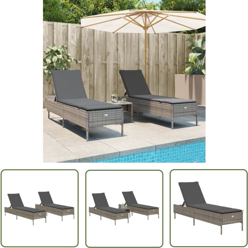 The Living Store - Chaises longues avec coussins lot de 2 gris résine tressée - Chaise Longue - Bain De Soleil - Fauteuil De Jardin - Mobilier De