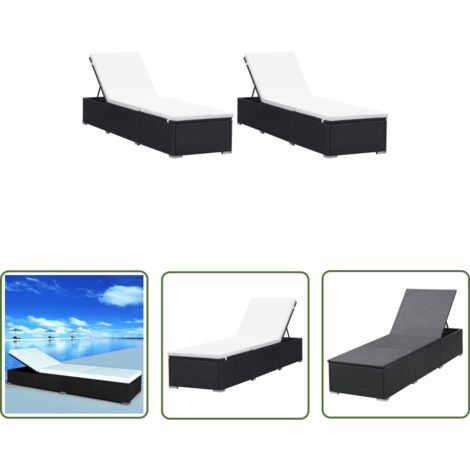 The Living Store Chaises longues avec coussins lot de 2 Résine tressée Noir - Chaise Longue - Mobilier De Jardin - Transats - Salon De Jardin - Détente