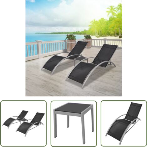 The Living Store Chaises longues avec table Aluminium Noir - Chaise Longue - Salon De Jardin - Mobilier De Jardin - Transats - Meubles De Jardin