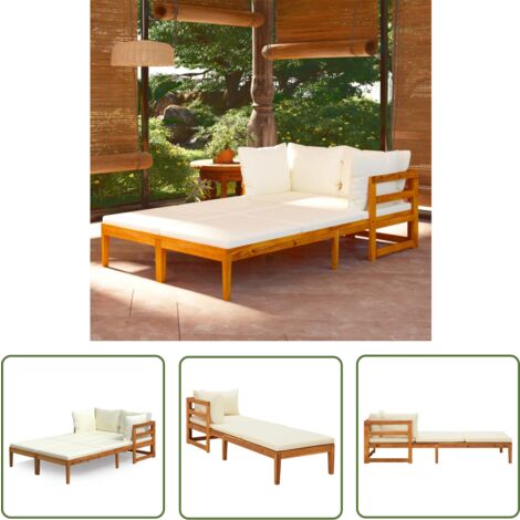 The Living Store Chaises longues et coussins blanc crème lot de 2 bois d'acacia - Chaise Longue - Salon De Jardin - Mobilier De Jardin - Bois D'acacia - Relax