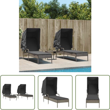 The Living Store Chaises longues lot de 2 avec auvents et table gris poly rotin - Chaise Longue - Transats - Lit De Bronzage - Mobilier De Jardin - Chaise Lounge