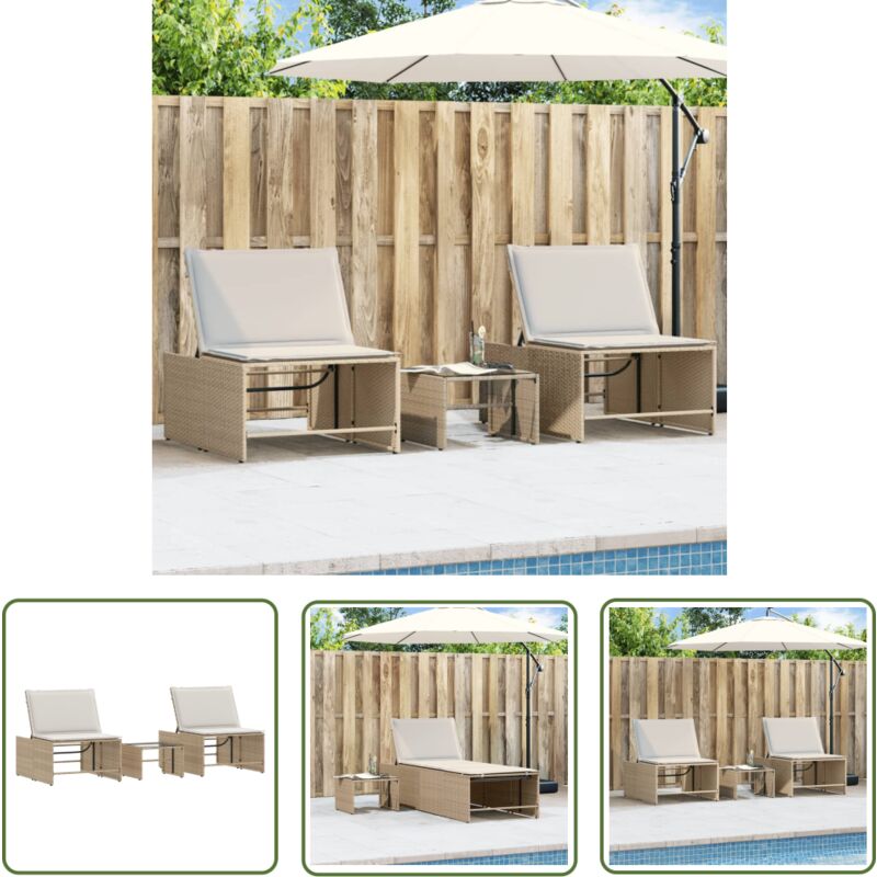 Chaises longues lot de 2 avec table beige résine tressée - Chaise Longue - Salon De Jardin - Mobilier De Jardin - Transats - Bain De Soleil - The