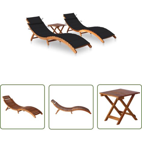 The Living Store Chaises longues lot de 2 avec table et coussins Acacia solide - Chaise Longue - Transats - Mobilier De Jardin - Salon De Jardin - Meubles De Jardin