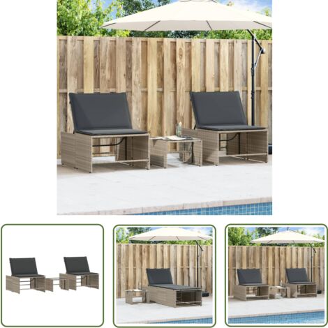 The Living Store Chaises longues lot de 2 avec table gris clair résine tressée - Chaise Longue - Transats - Lit De Bronzage - Mobilier De Jardin - Jardin