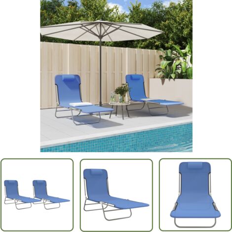 The Living Store Chaises longues pliables lot de 2 bleu textilène et acier - Chaise Longue - Fauteuil De Jardin - Bain De Soleil - Mobilier De Jardin - Textile