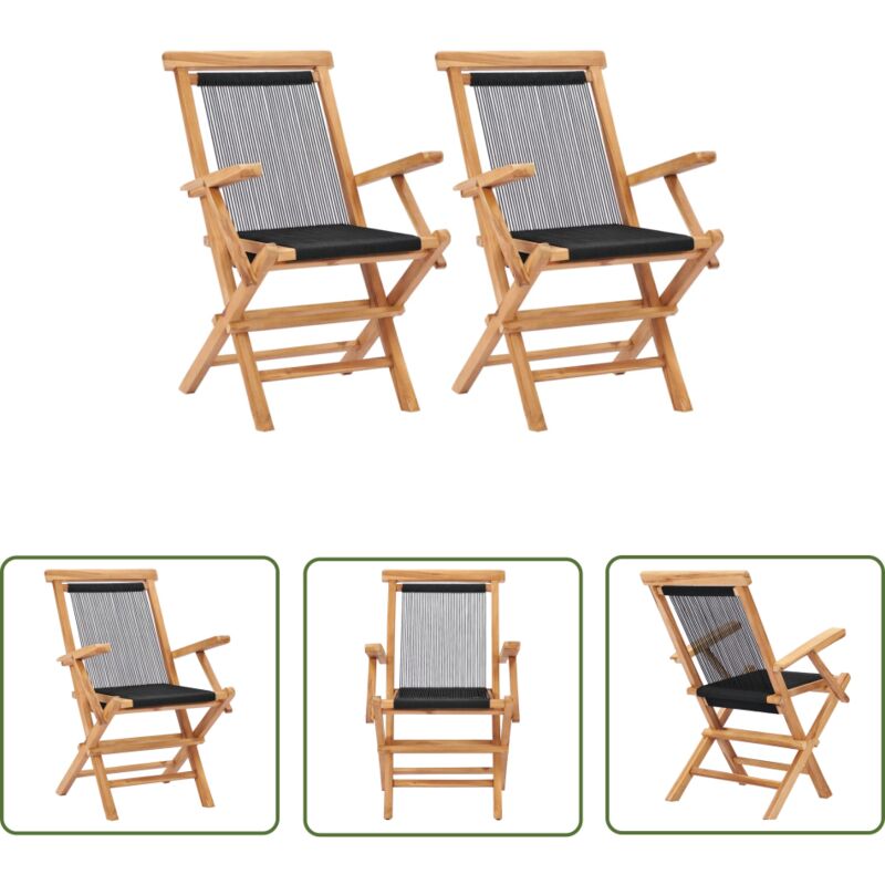 The Living Store - Chaises pliables de jardin lot de 2 Bois teck solide et corde - Chaise De Jardin - Chaise Pliante - Mobilier De Jardin - Terrasse