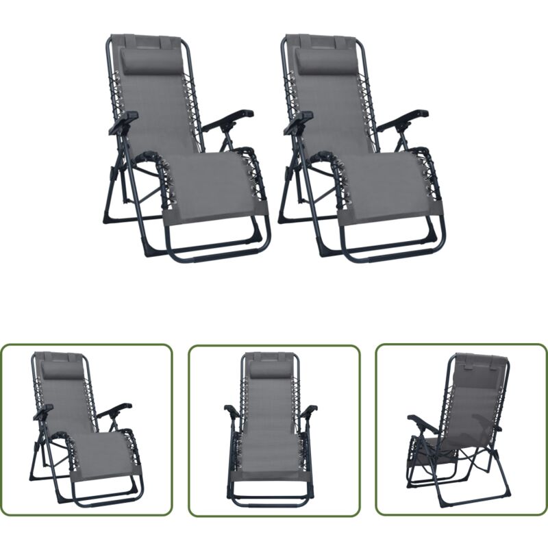 Chaises pliables de terrasse lot de 2 Gris Textilène - Chaise De Jardin - Transats - Mobilier De Jardin - Chaise Lounge - Textile - The Living Store