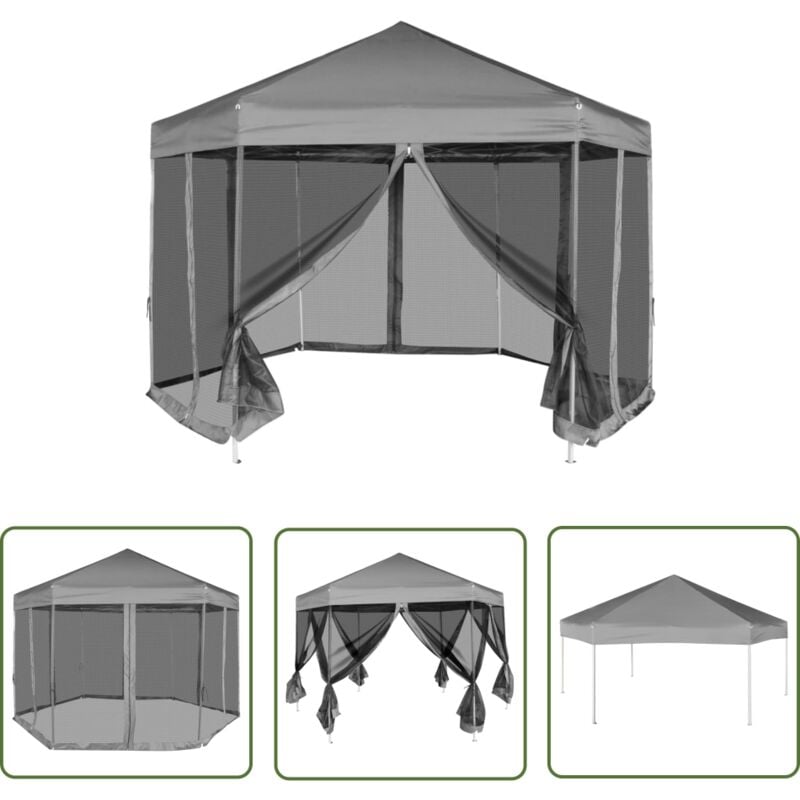 The Living Store - Chapiteau hexagonal avec 6 parois latérales Gris 3,6x3,1 m - Tente Extérieure - Chapiteau Pliable - Gazebo - Abri Solaire
