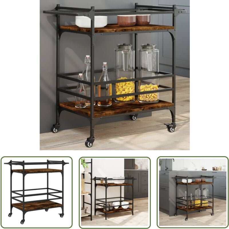 The Living Store - Chariot de cuisine chêne fumé 82x40x78,5 cm bois d'ingénierie - Chariot De Cuisine - Chariot à Légumes - Chariot De Rangement