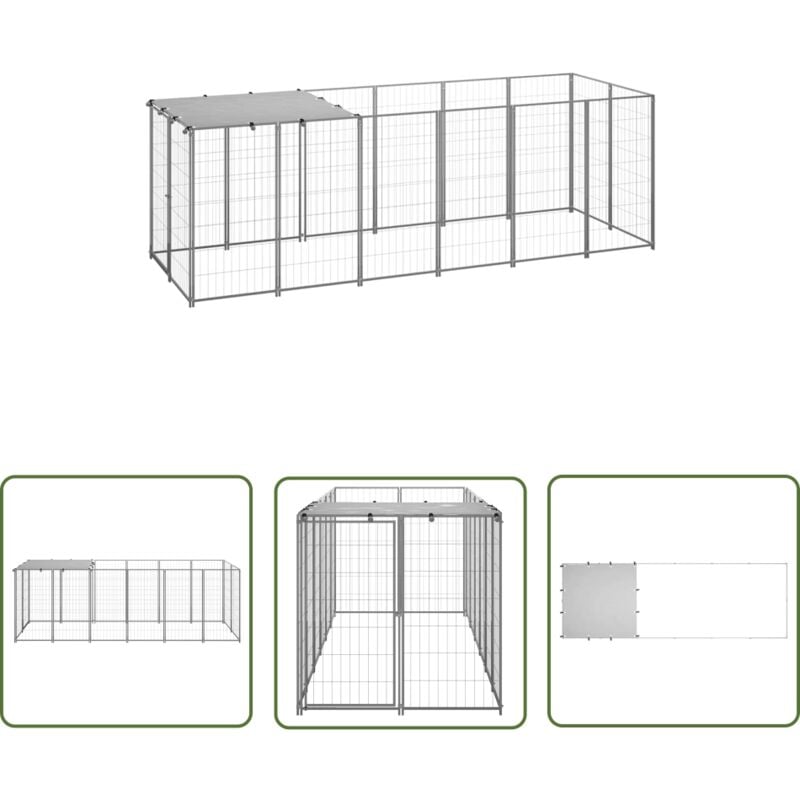 Chenil Argenté 330x110x110 cm Acier - Chenil Extérieur - Abri Chien - Enceinte Chien - Espace Jeux Chien - Niche Chien - The Living Store