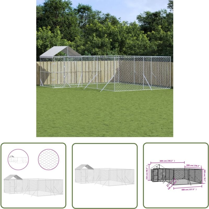 Jinlefu - The Living Store Chenil d'extérieur pour chiens avec toit argenté 6x6x2,5 m - Chenil Exterieur - Abri Chien - Enceinte Chien - Niche Chien