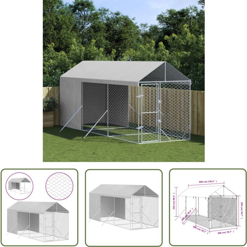 Jinlefu - The Living Store Chenil d'extérieur pour chiens avec toit argenté 2x6x2,5 m - Chenil Exterieur - Abri Chien - Enceinte Chien - Refuge