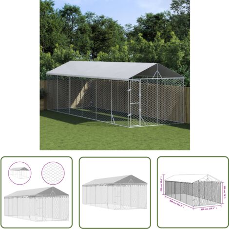 The Living Store Chenil d'extérieur pour chiens avec toit argenté 3x9x2,5 m - Chenil Exterieur - Abri Chien - Enceinte Chien - Niche Chien - Animal Domestique