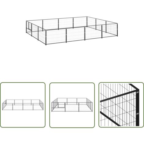 The Living Store Chenil Noir 12 m² Acier - Chenil Pour Chien - Abri Chien Extérieur - Enclos Pour Chien - Niche Chien - Jardin Animalier