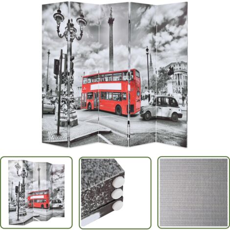 The Living Store Cloison de séparation 200 x 170 cm Bus londonien Noir et blanc - Cloison De Séparation - Écran De Dressing - Paravent - Décoration Murale - Bureau