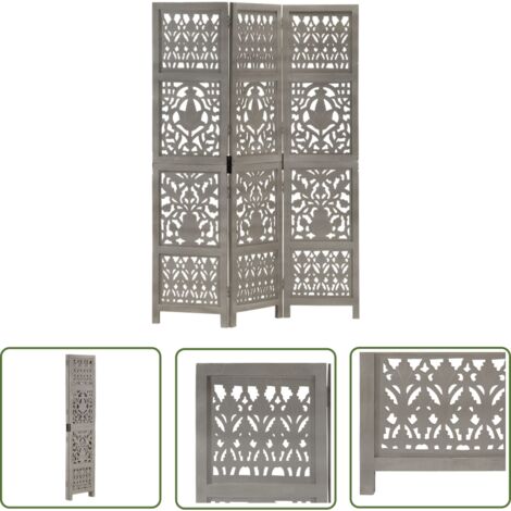The Living Store Cloison de séparation 3 panneaux Gris 120x165 cm Bois manguier - Cloison De Séparation - Partition Murale - Écran Décoratif - Meuble Pliable - Décoration Intérieure