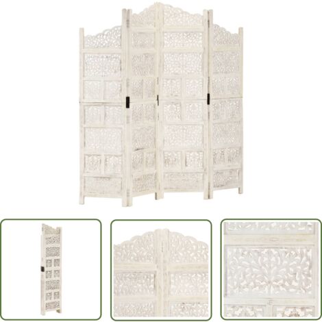 The Living Store Cloison de séparation 4 panneaux Blanc 160x165 cm Bois manguier - Cloison De Séparation - Paravent - Écran D'intimité - Décoration Murale - Meuble Pliable