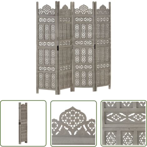 The Living Store Cloison de séparation 4 panneaux Gris 160x165 cm Bois manguier - Cloison De Séparation - Paravent - Écran D'intimité - Décoration Murale - Meuble Pliable