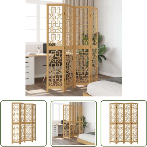 The Living Store Cloison de séparation 4 panneaux marron bois paulownia massif - Séparateur De Pièce - Écran D'intimité - Cloison Pliable - Décoration Murale - Meuble Salle À Manger