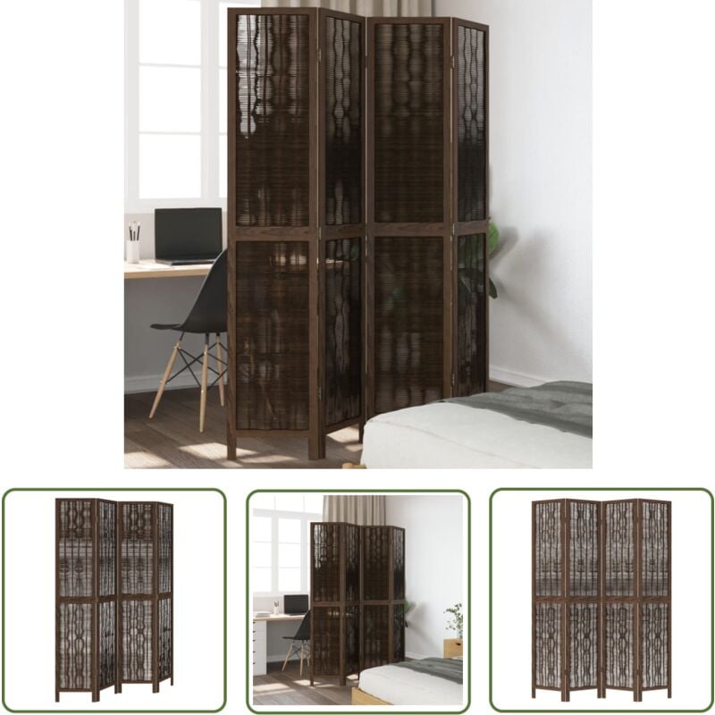 The Living Store Cloison de séparation 4 panneaux marron foncé paulownia massif - Séparateur De Pièce - Écran D'intimité - Cloison Pliable - Bois De