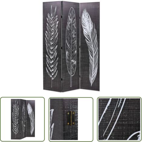 The Living Store Cloison de séparation pliable 120 x 170 cm Plumes Noir et blanc - Cloison De Séparation - Écran De Dressing - Paravent - Divan D'intérieur - Décoration Murale