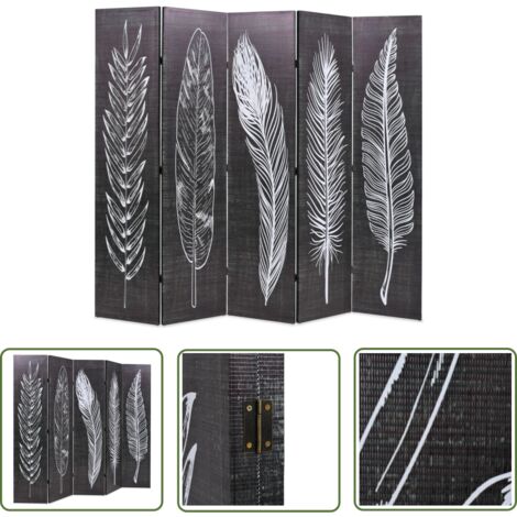 The Living Store Cloison de séparation pliable 200 x 170 cm Plumes Noir et blanc - Cloison De Séparation - Écran De Dressing - Paravent - Cloison Pliante - Décoration Murale