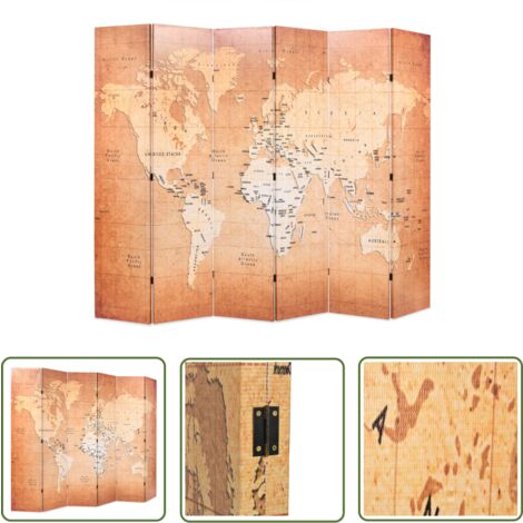 The Living Store Cloison de séparation pliable 228 x 170 cm Carte du monde Jaune - Cloison De Séparation - Paravent - Écran De Dressing - Décoration Murale - Séparation D'espace