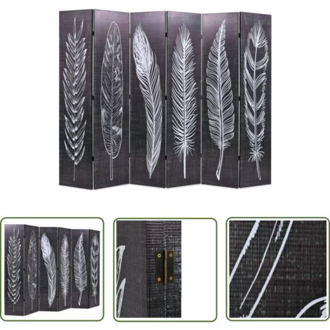 The Living Store Cloison de séparation pliable 228 x 170 cm Plumes Noir et blanc - Cloison De Séparation - Écran De Dressing - Paravent - Diviser Pièce - Décoration Intérieur