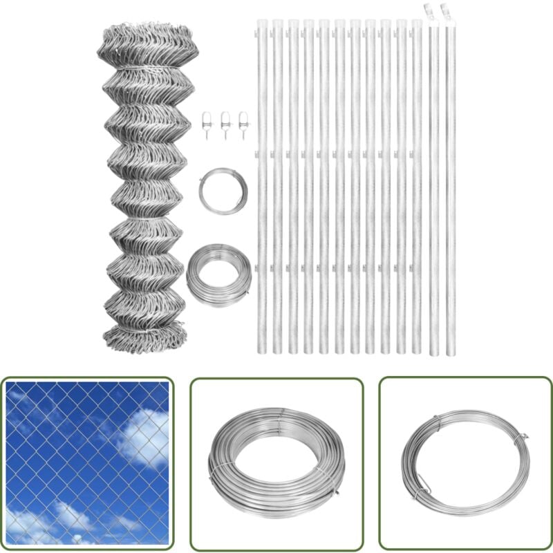 The Living Store - Clôture à mailles avec poteaux Acier galvanisé 25x1,25m Argenté - Clôture Métallique - Clôture Rigide - Clôture Jardin - Clôture