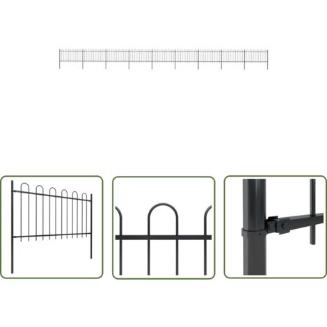 The Living Store Clôture de jardin avec dessus en cerceau Acier 15,3 x 1 m Noir - Clôture De Jardin - Clôture En Acier - Clôture Decorative - Clôture Noire - Clôture Résistante