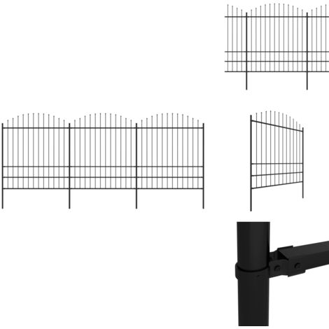 The Living Store Clôture de jardin avec dessus en forme de lance en acier 537 x 200 cm Noir - Clôture en acier