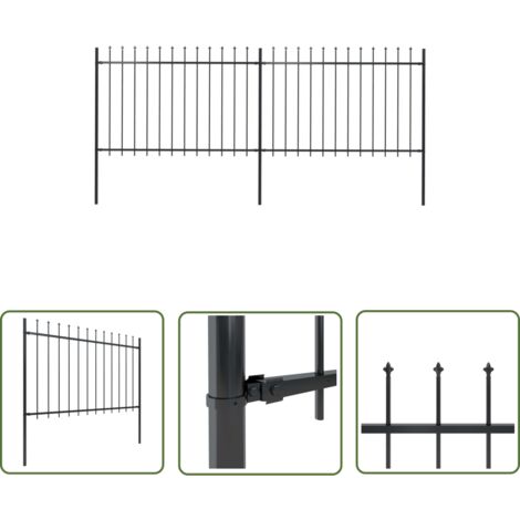 The Living Store Clôture de jardin avec dessus en lance Acier 3,4x1,2 m Noir - Clôture De Jardin - Clôture En Acier - Clôture Decorative - Clôture Noire - Clôture Sécurisé